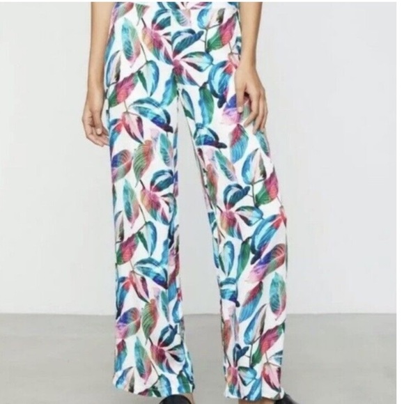 NWT Onia Mila Tropical Leaf Print High Rise Wide Leg Pants Boho Beach Teal Large - Picture 1 of 9